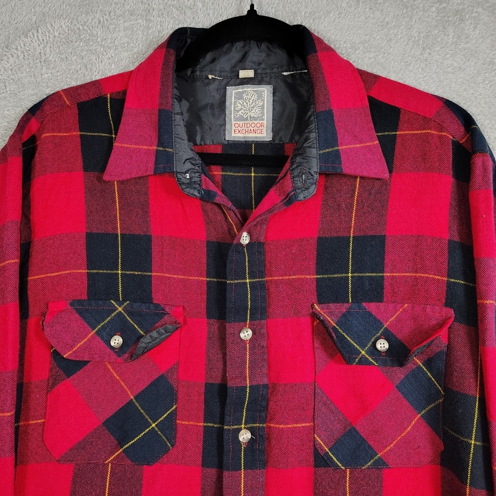 Vtg Outdoor Exchange Mens Large Red‎ Plaid Flannel Shirt Pockets Size L Tall